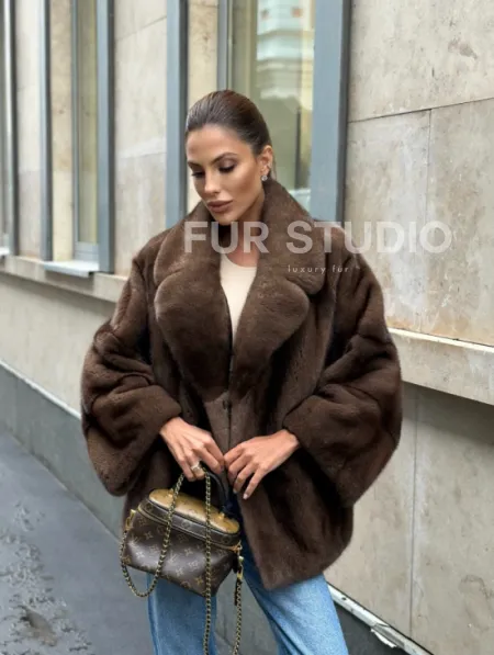 Норковый полушубок с английским воротником - цвет орех - фото 15