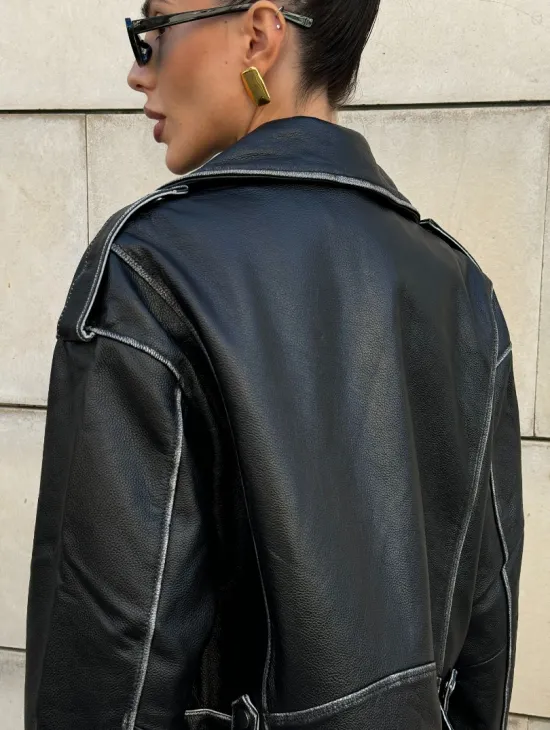 Куртка-косуха из натуральной кожи «Vintage»  со шнуровкой - цвет черный - фото 1