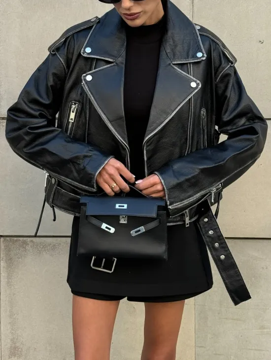 Куртка-косуха из натуральной кожи «Vintage»  со шнуровкой - цвет черный - фото 5