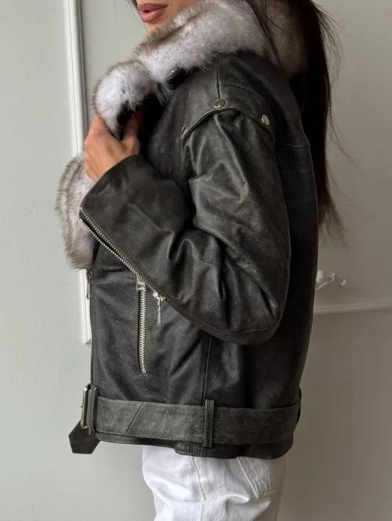 Куртка - косуха демисезонная из натуральной кожи с мехом песца - фото 3