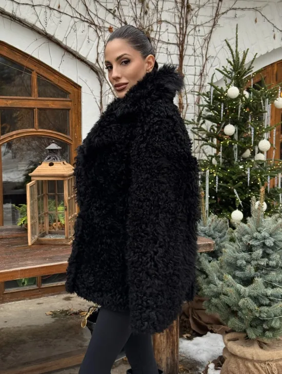 Черная короткая шуба - дубленка из испанской овчины «Тиградо» - фото 9