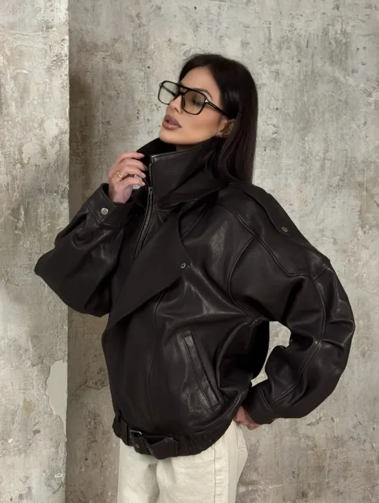 Модная кожаная куртка - бомбер на резинке из натуральной гладкой кожи - фото 13