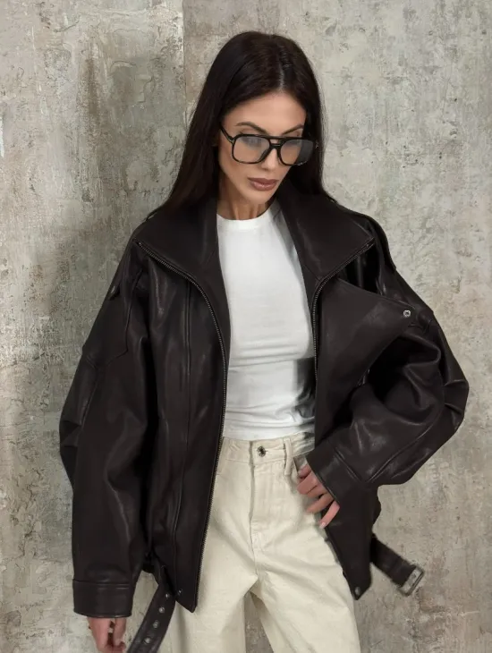 Модная кожаная куртка - бомбер на резинке из натуральной гладкой кожи - фото 6
