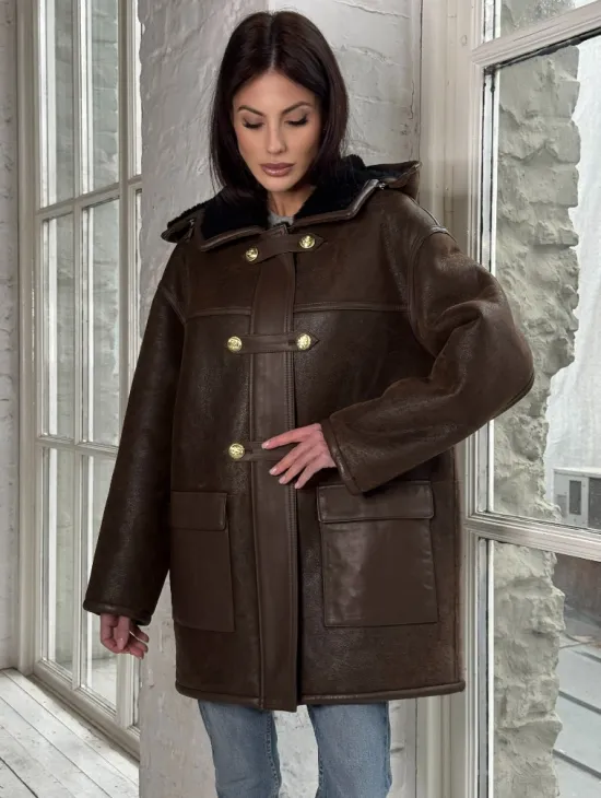 Двухсторонняя дублёнка из овчины с отстегивающимся капюшоном - фото 5