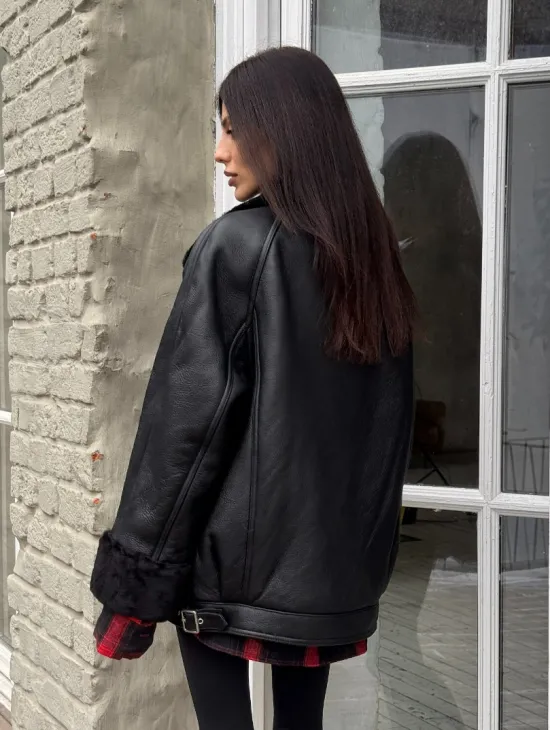 Винтажная куртка - дубленка «Total Black» с английским воротником на пуговицах - фото 6