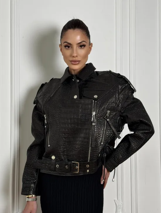 Укороченная куртка из натуральной кожи «CROCO» BLACK со шнуровкой на спине - фото 8