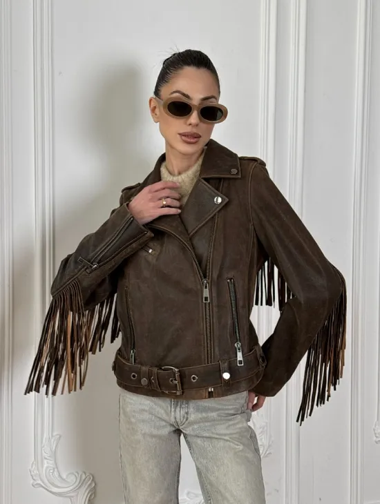 Коричневая кожаная куртка - косуха с бахромой. Мотоциклетная куртка, демисезон - фото 6
