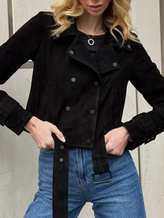 Черная короткая курточка из натуральной замши - фото 3