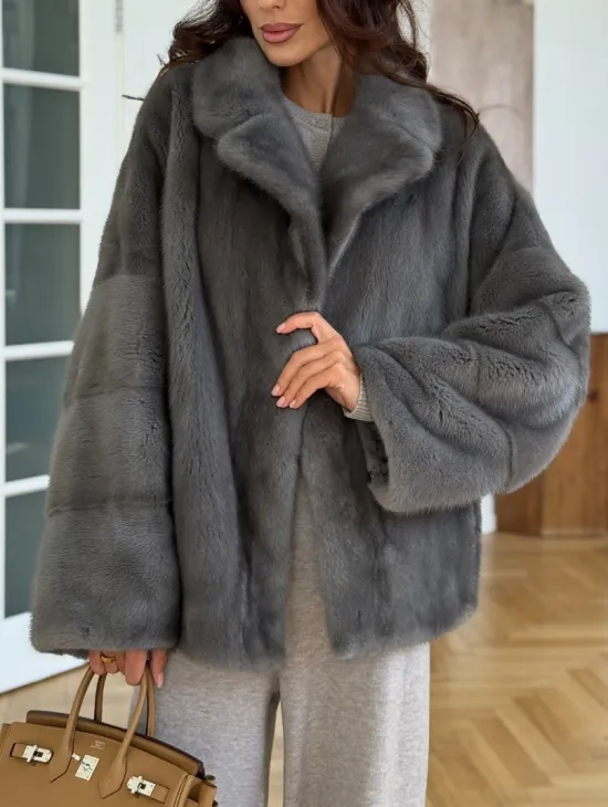 Норковая шуба цвет - серый графит - фото 4