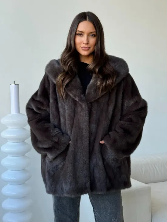 Норковый полушубок с капюшоном - фото 0