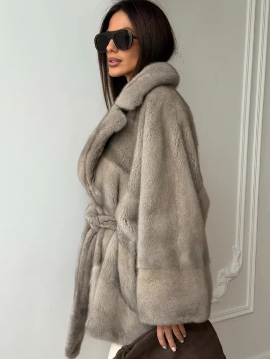 Норковый полушубок в натуральном цвете Silver - фото 6