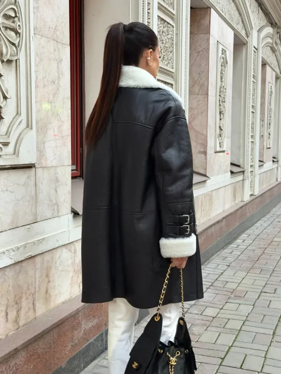 Дубленка авиатор длинная на белой овчине - фото 5