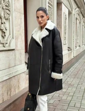 Дубленка авиатор длинная на белой овчине - фото 8