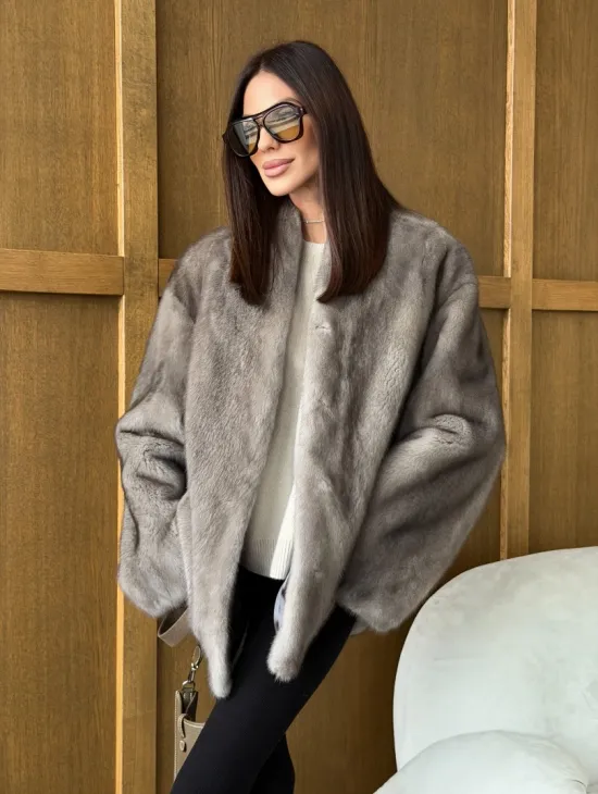 Норковый жакет в натуральном сером цвете - фото 9