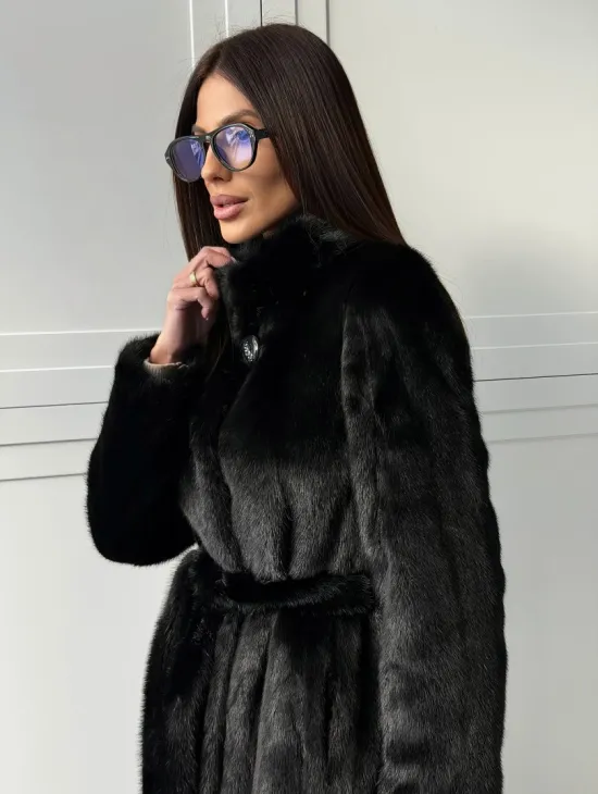 Черная норковая шуба - воротник стойка - фото 3