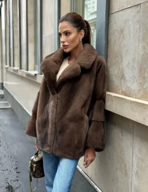 Норковый полушубок с английским воротником - цвет орех - фото 8