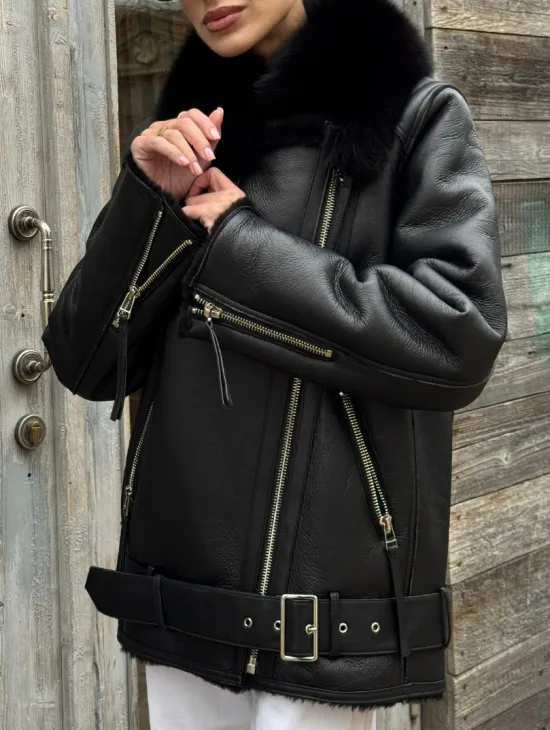 Дубленка из натуральной овчины с мехом песца - фото 3